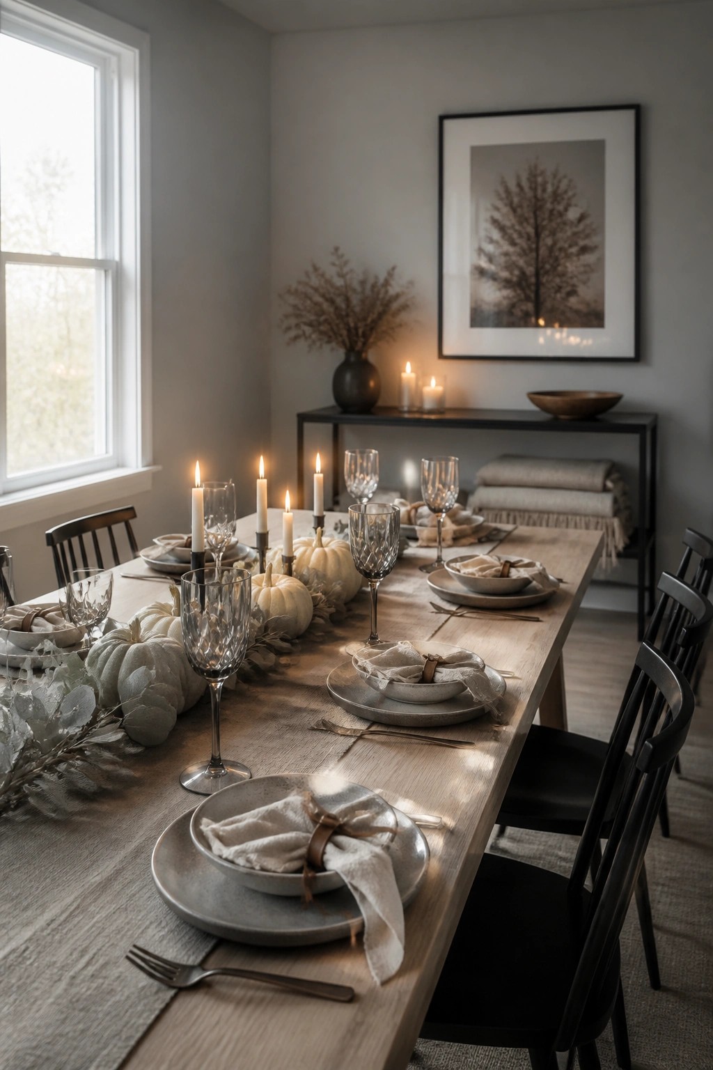 A long wooden dining table set with white pumpkins, lit candles, gray plates, and neutral linens in a room with black chairs and a framed tree print on the wall.
