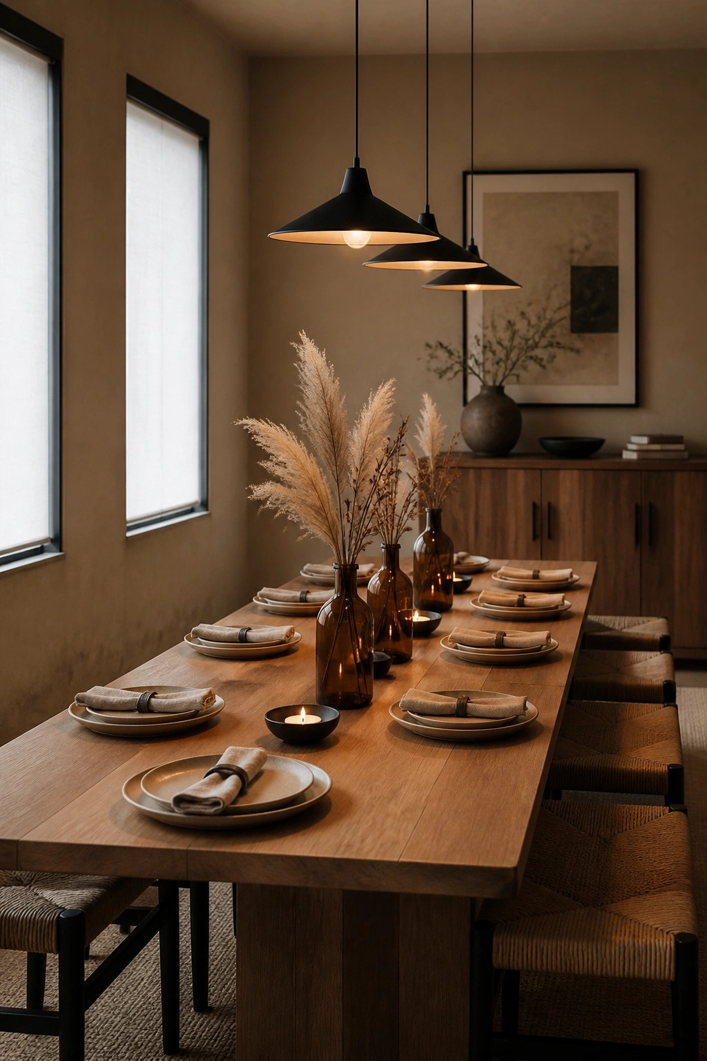 A long wooden dining table set with neutral ceramic plates, rolled linen napkins, brown glass vases filled with dried grasses, and small lit candles beneath black pendant lights.