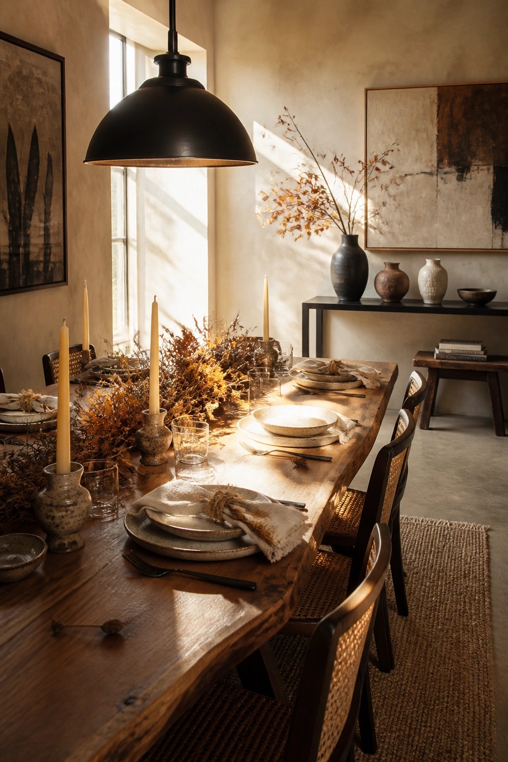 A wooden dining table set with ceramic plates, linen napkins, candles, and dried foliage arranged down the center in a sunlit room.