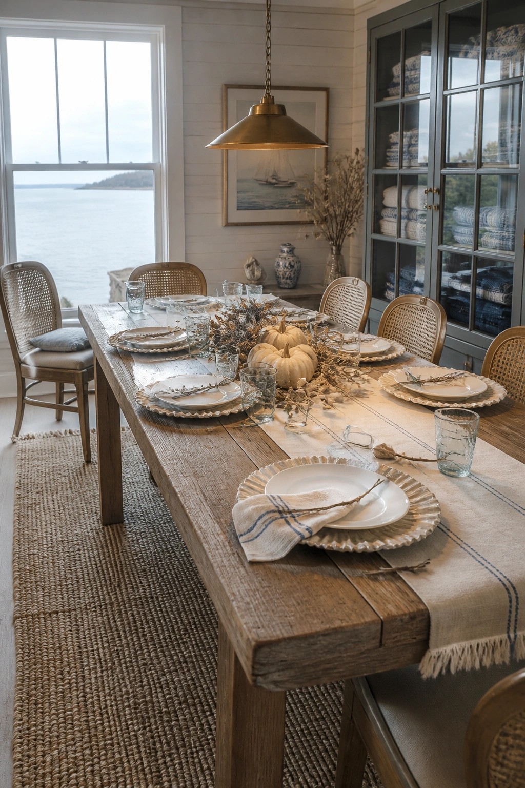A long wooden dining table set for a meal with white plates, glassware, a linen runner, and a centerpiece of small white pumpkins and dried foliage.