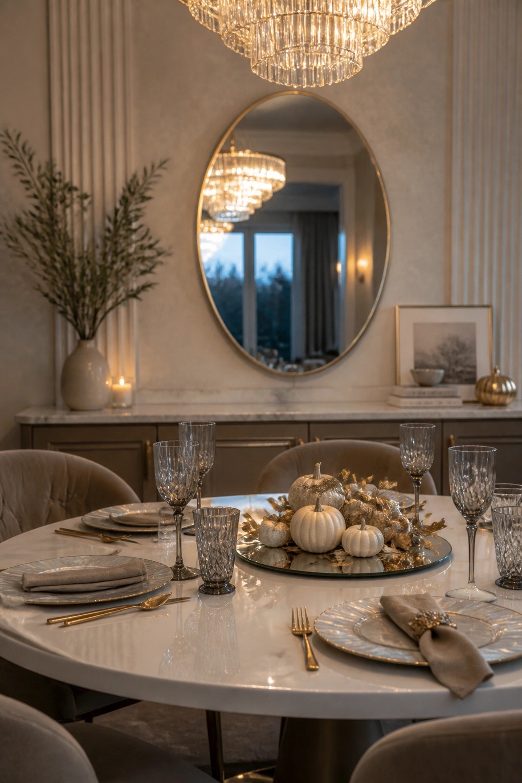 Elegant marble dining table with white pumpkins, crystal glasses, and gold accents.