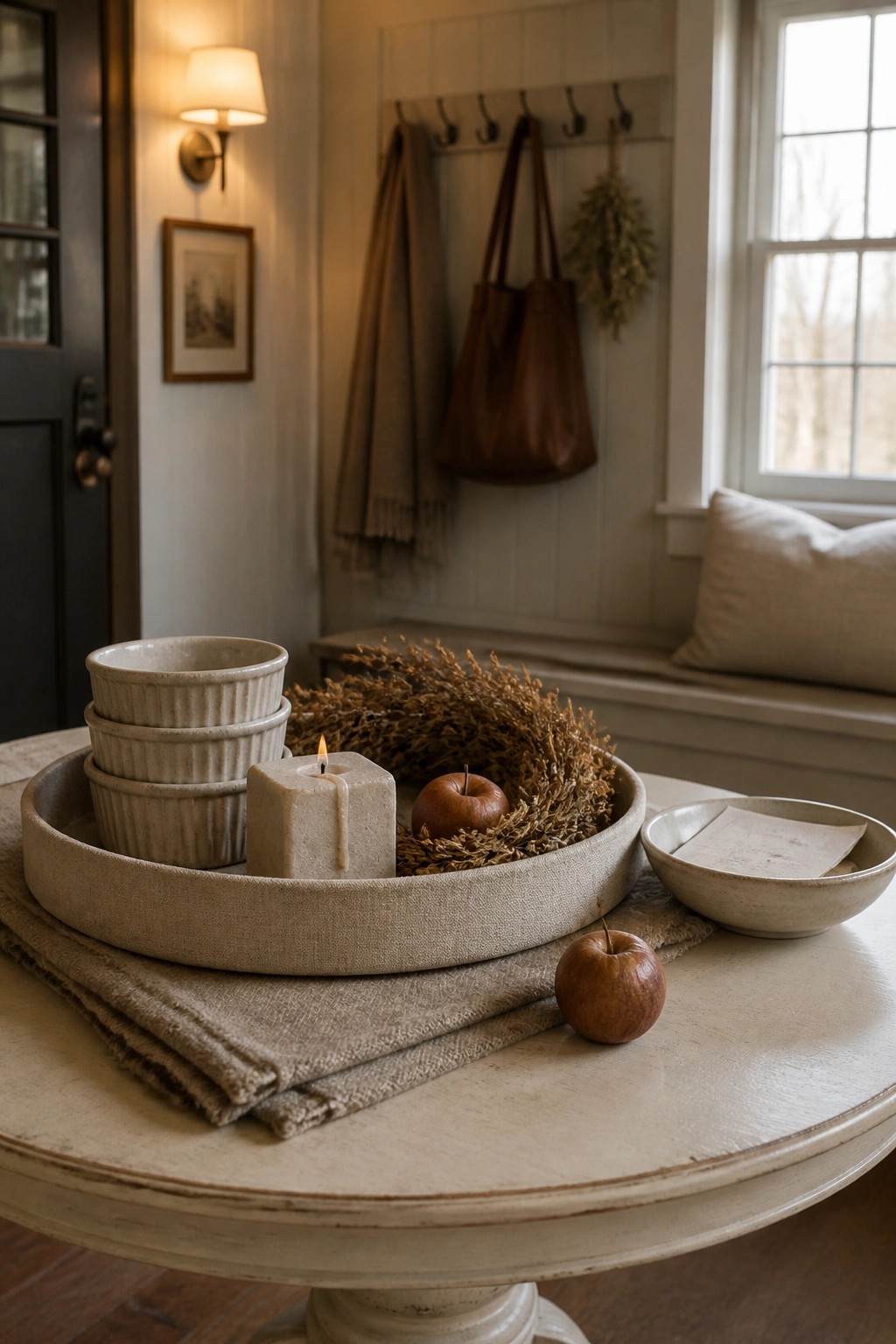 A round table displays a large beige tray holding stacked ceramic bowls, a lit square candle, dried foliage, and apples, with extra bowls and fruit arranged on folded linen nearby.