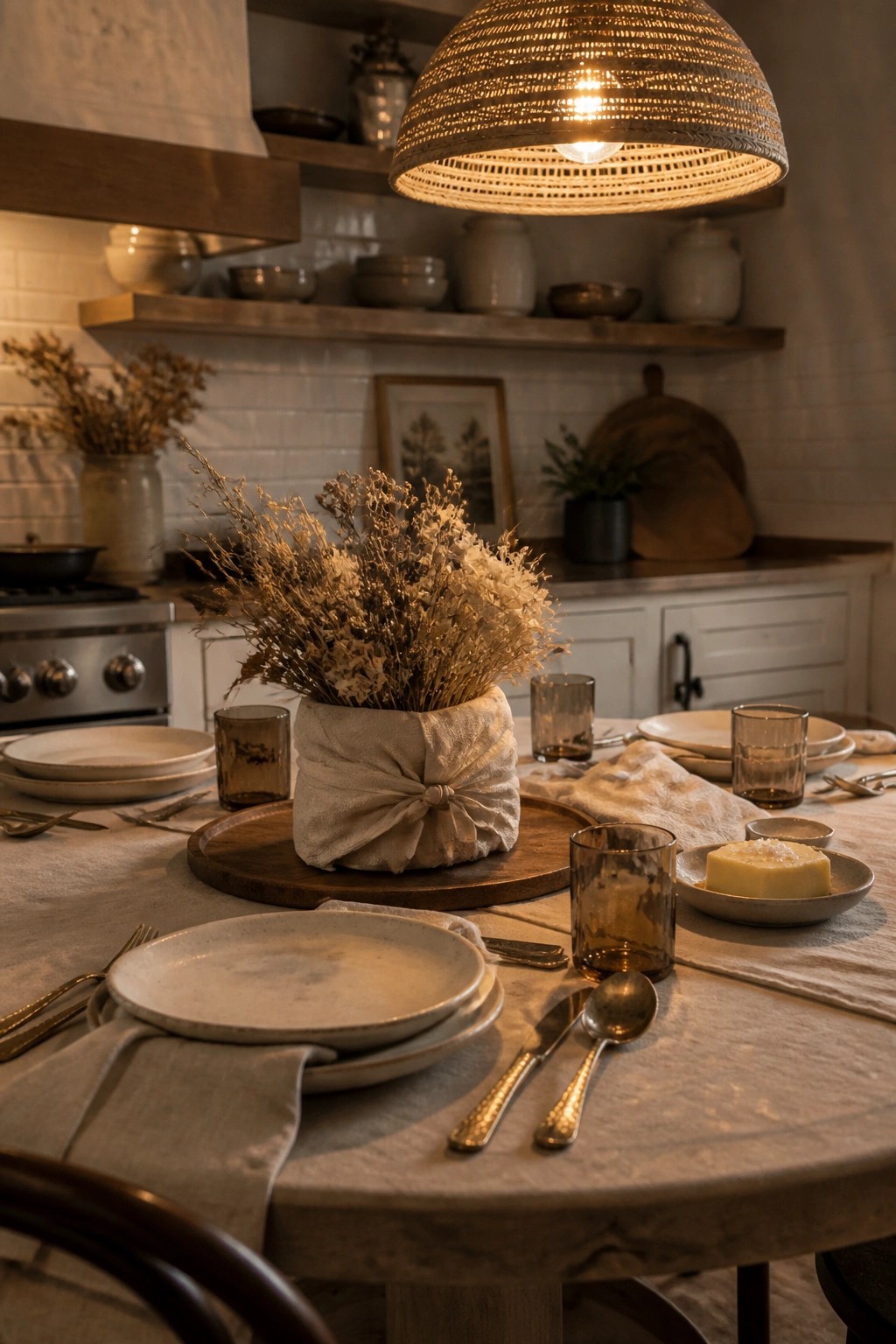 A round dining table with neutral ceramic dishes, amber glassware, and a central wooden tray holding a linen-wrapped vase filled with dried flowers.