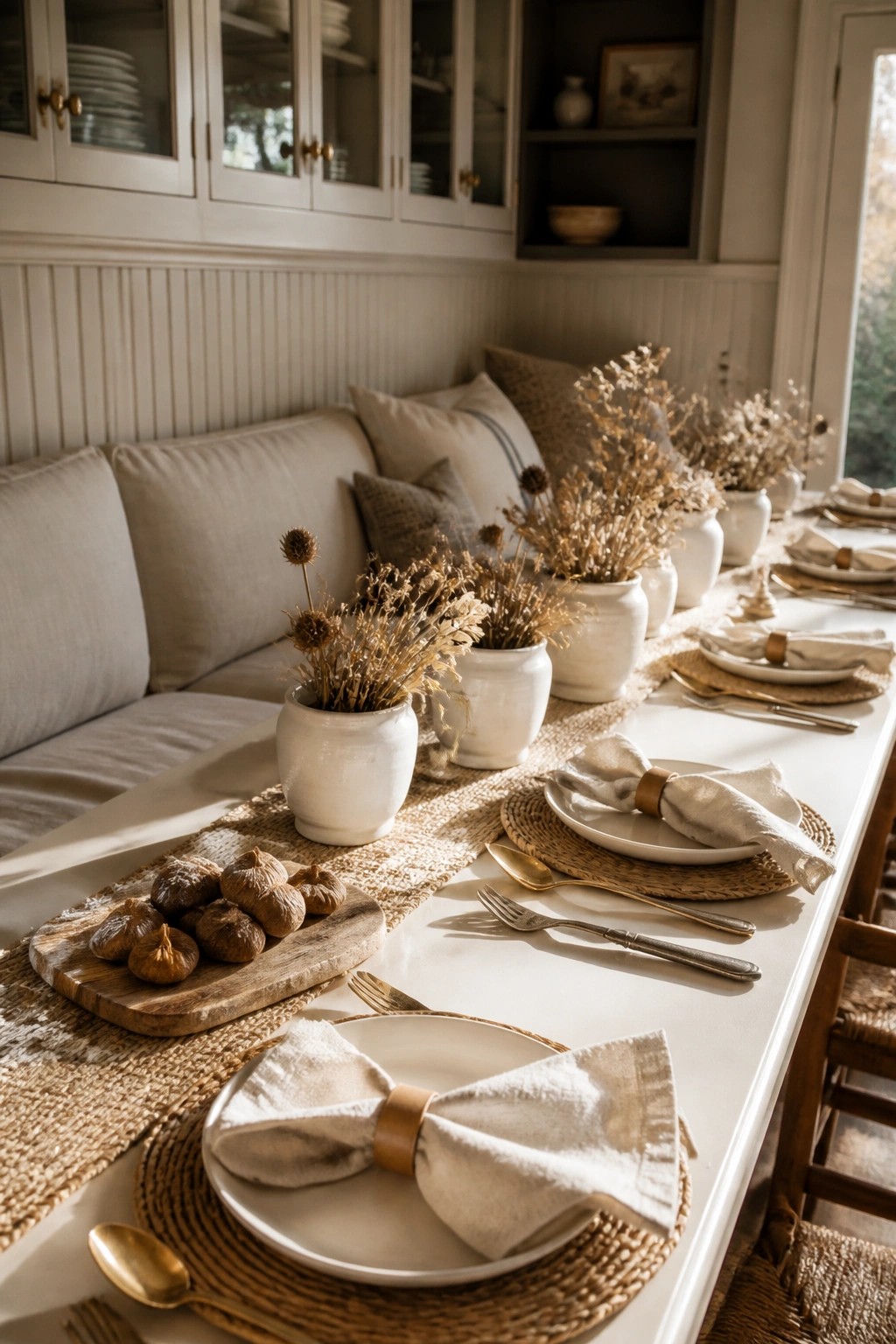 A long indoor dining table set with white plates, beige napkins on woven placemats, gold cutlery, and multiple white vases filled with dried brown stems.