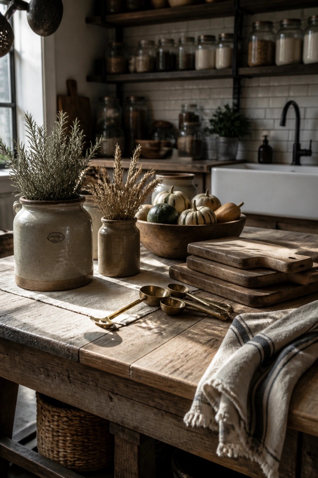 A wooden kitchen table displays ceramic vases holding dried wheat and rosemary, a bowl of small pumpkins, brass measuring spoons, and stacked cutting boards in a neutral-toned kitchen.