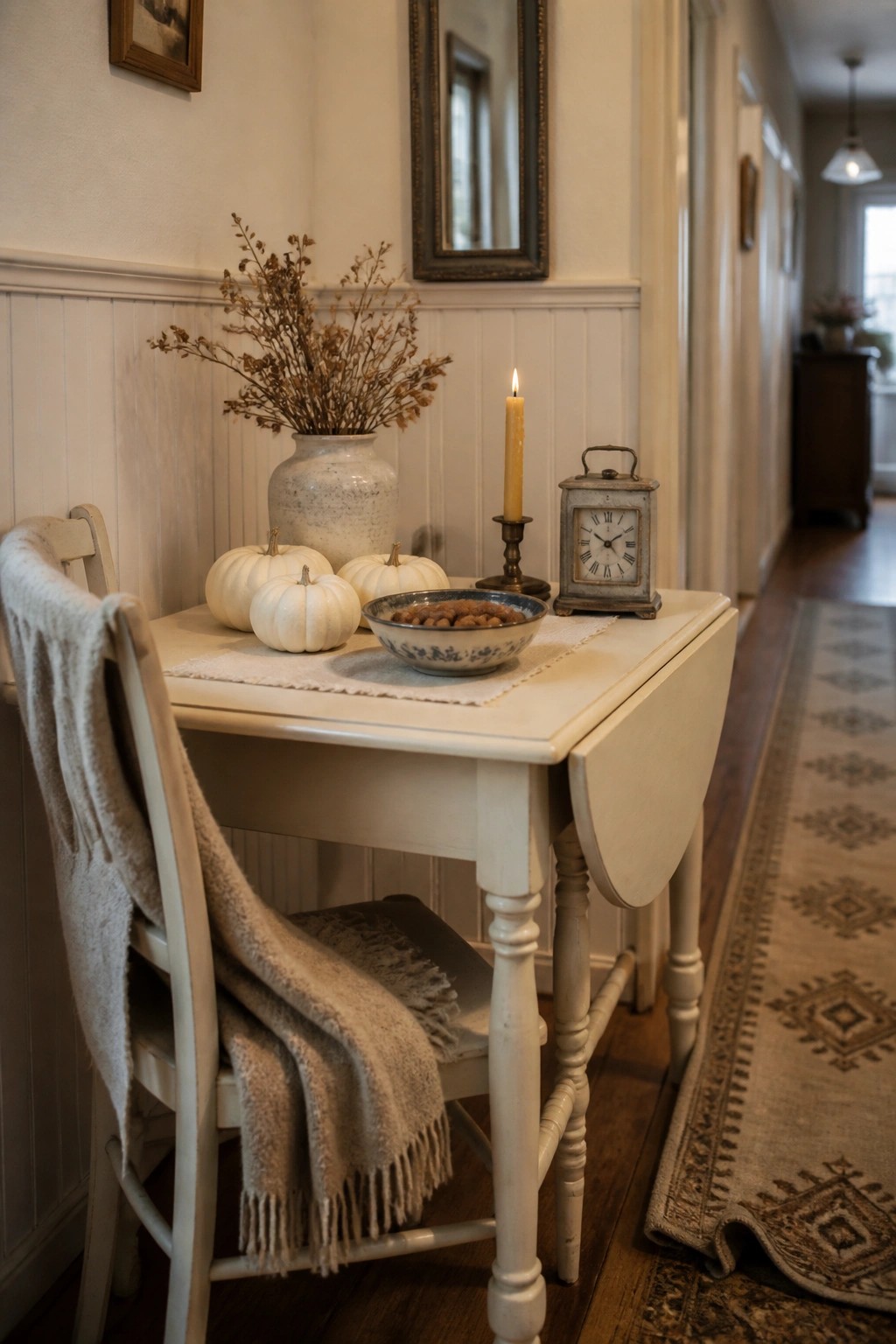 White table with pumpkins, candle, clock, and dried flowers beside draped chair.