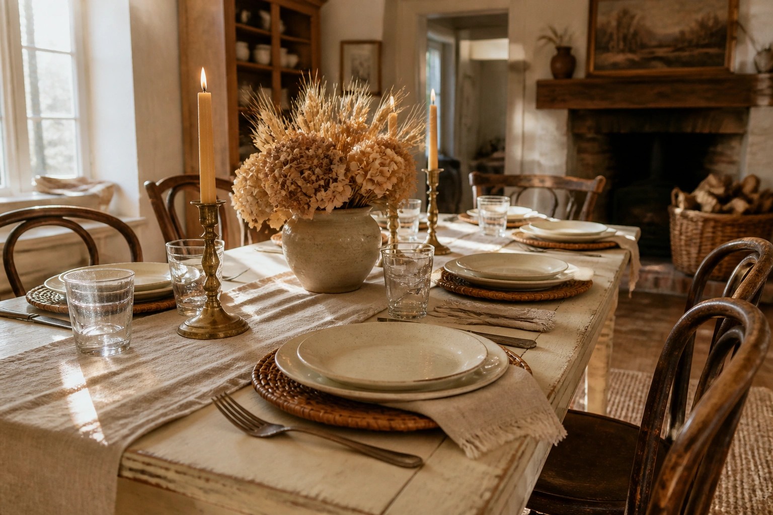 A long wooden dining table set with a beige linen runner, woven placemats, stacked cream plates, a stoneware vase of dried wheat and flowers, and brass candlesticks holding tall candles.