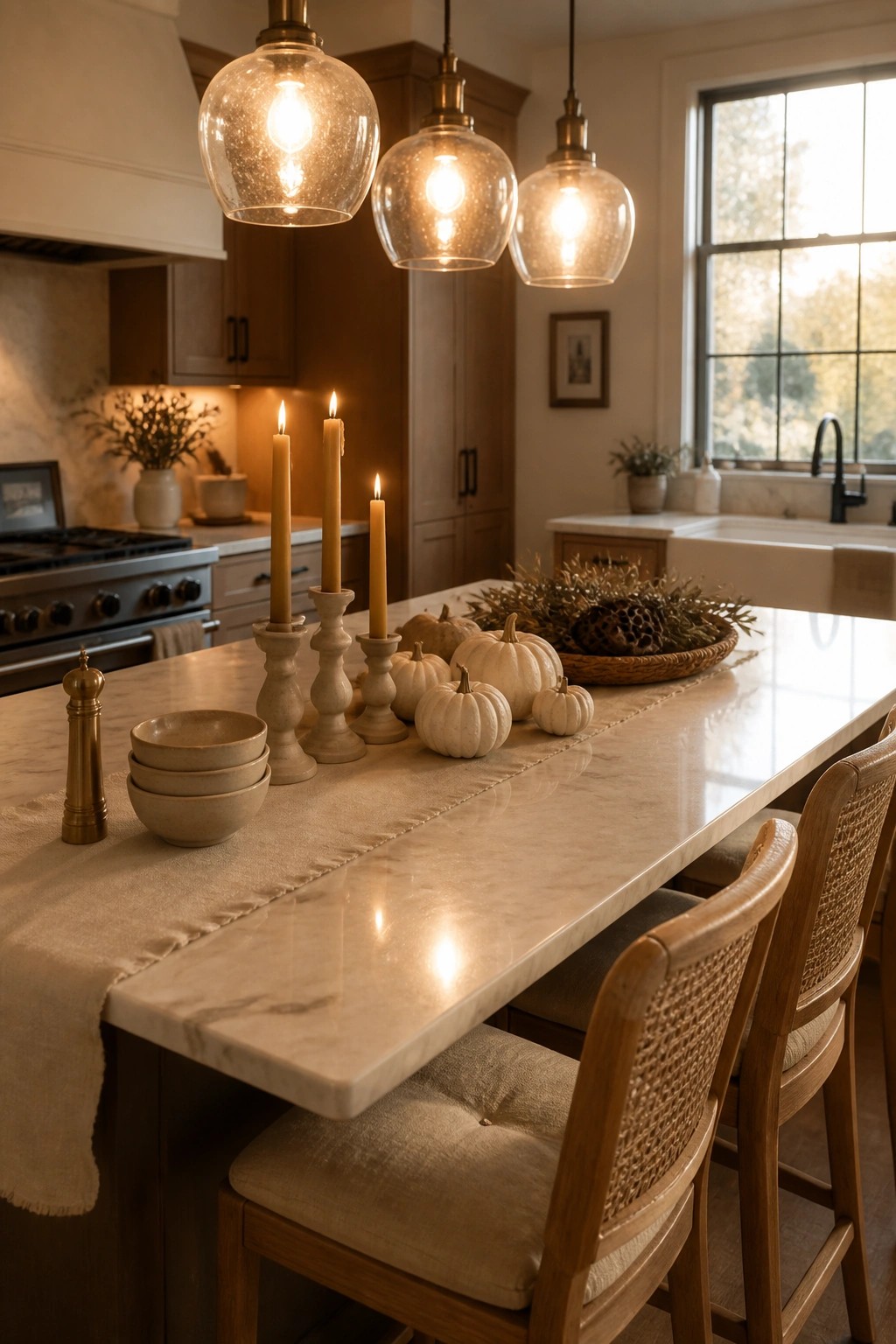 Marble kitchen island with white pumpkins, lit candles, woven basket, and wooden stools