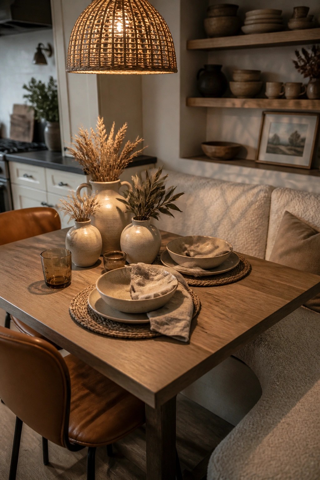 A wooden dining table arranged with ceramic vases holding dried wheat and greenery, speckled bowls on woven placemats, and neutral linens in a kitchen setting.