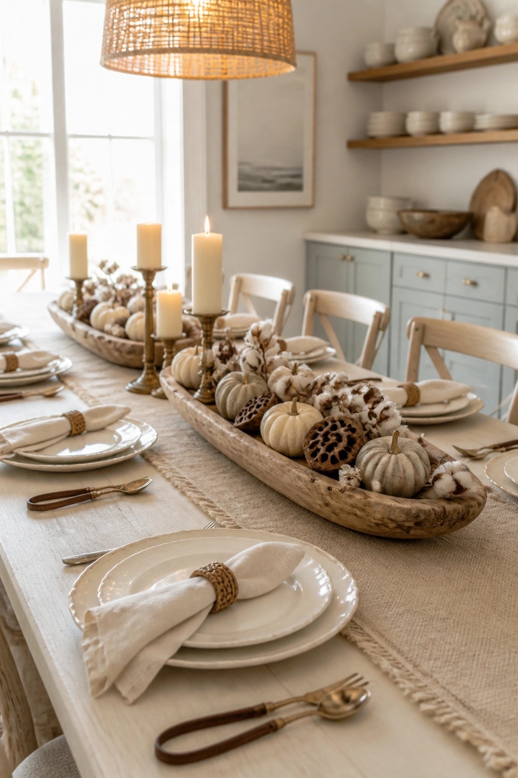 A long dining table with a burlap runner, white plates, and a central wooden dough bowl filled with white pumpkins, cotton bolls, and dried pods.