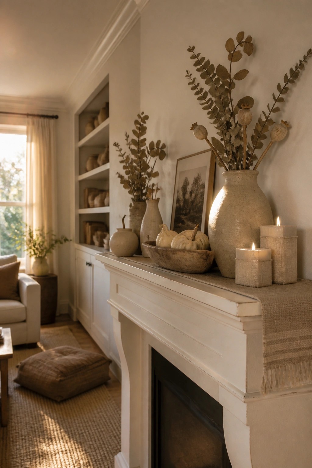 A white fireplace mantel styled with dried eucalyptus stems in neutral vases, a wooden bowl holding small white pumpkins, and several lit candles on a burlap runner.