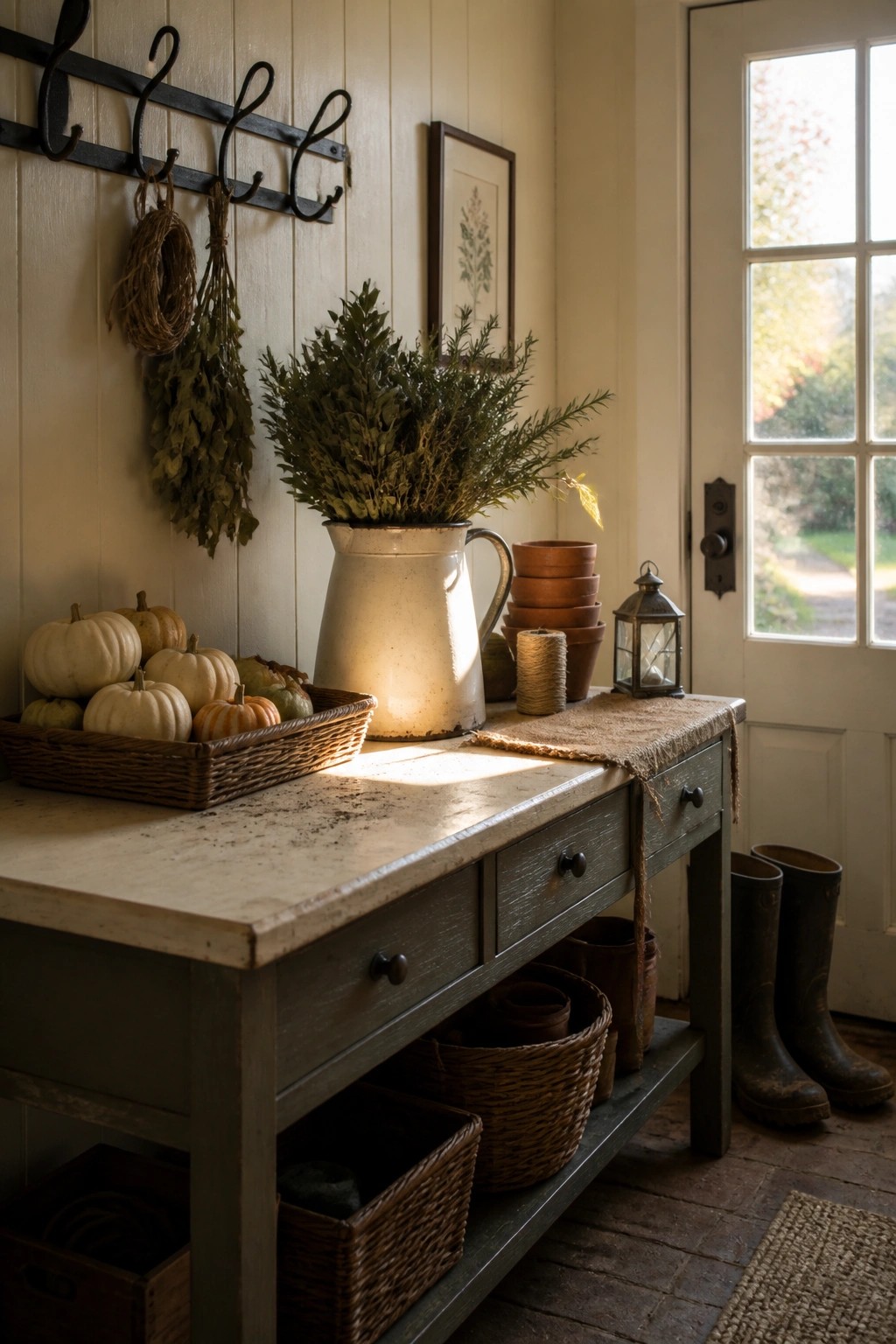 A rustic console table in an entryway holds white pumpkins in a basket, a large cream pitcher with greenery, stacked clay pots, and a small lantern, with boots on the floor nearby.