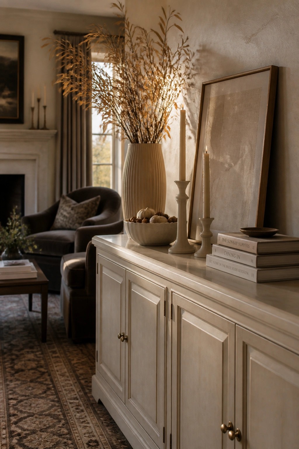 Beige console table in a living room with a ribbed vase of dried branches, two lit taper candles, a bowl of small pumpkins, a stack of neutral books, and a framed artwork leaning against the wall.