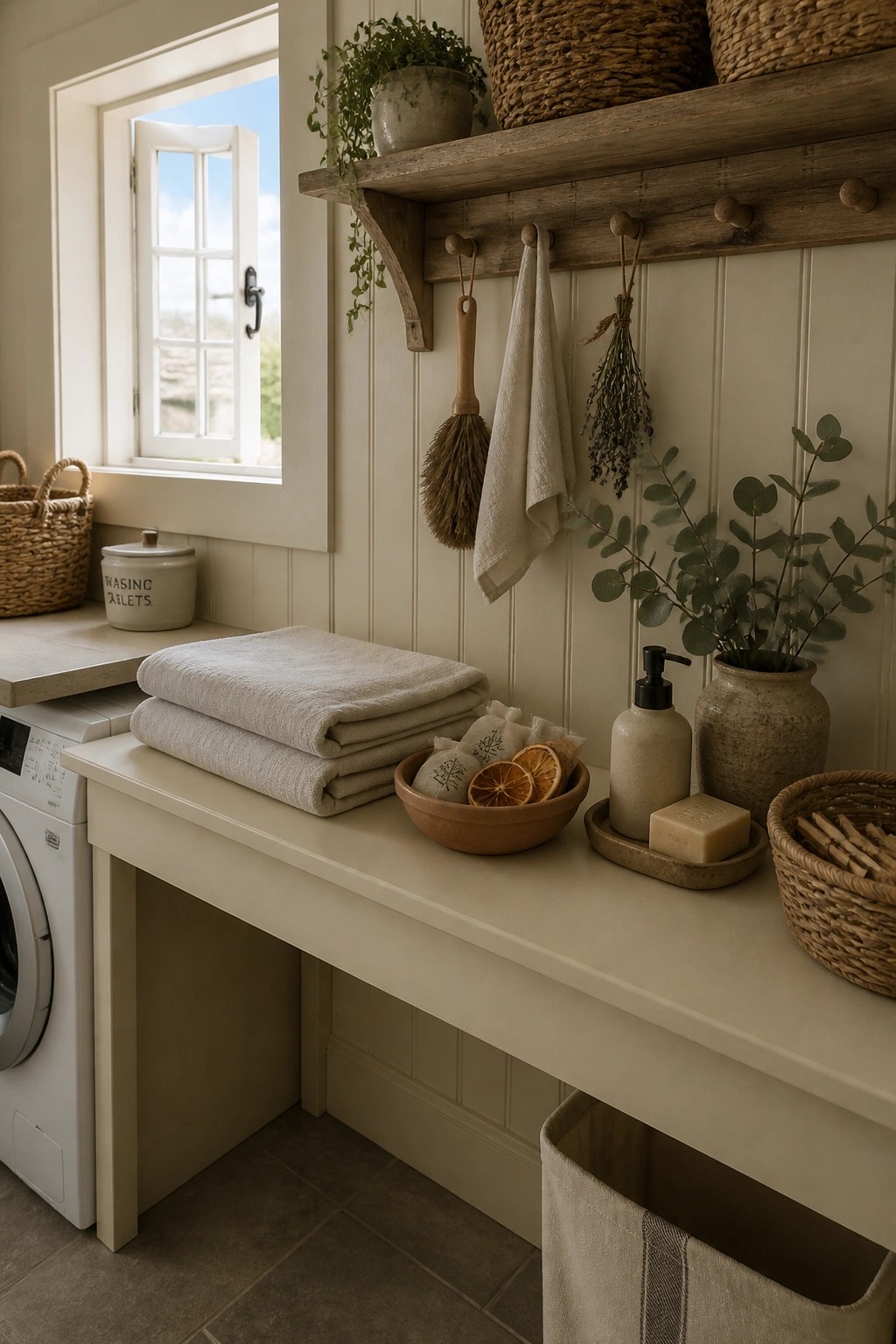 A laundry room featuring a washing machine beneath a beige countertop with folded linens, a bowl of dried orange slices, a soap dispenser, and wooden wall shelves holding baskets and hanging items.