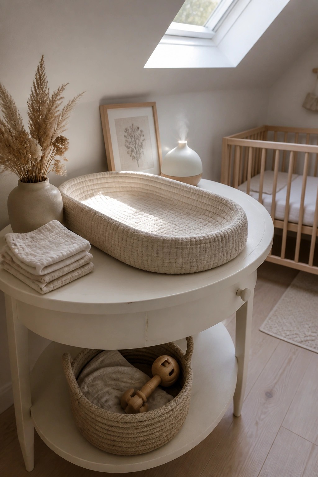 A round white table holds a large woven changing basket with folded cloths and dried grasses beside it, while a lower basket stores baby items beneath.