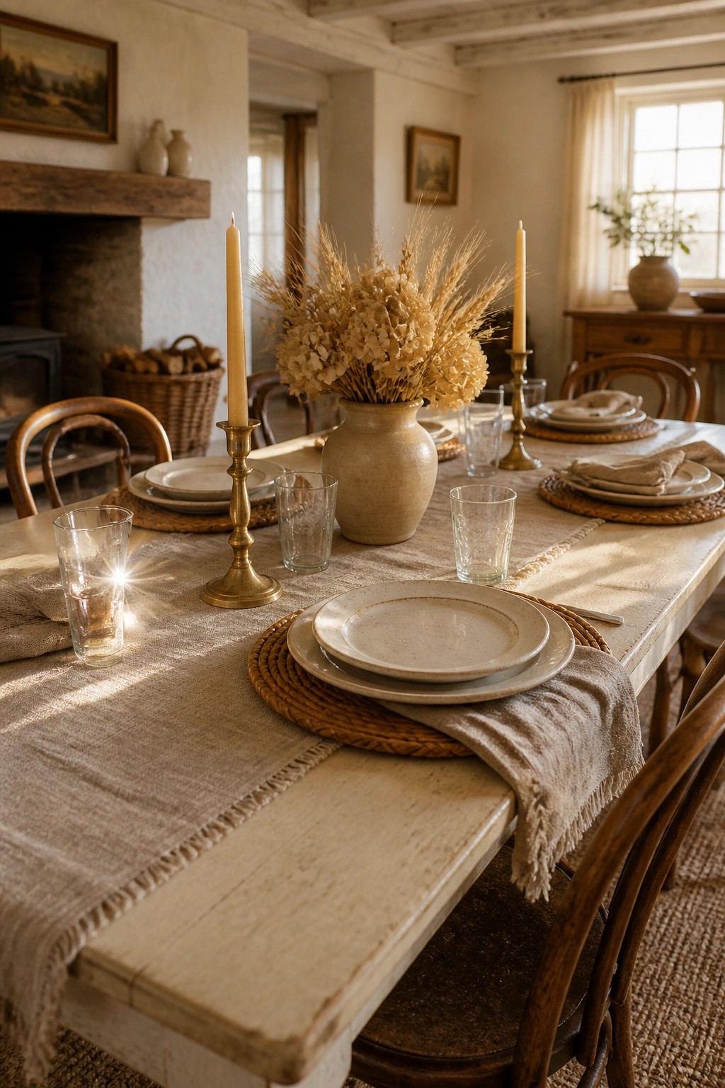 A long wooden dining table set with a beige linen runner, woven placemats, stacked cream plates, a stoneware vase of dried wheat and flowers, and brass candlesticks holding tall candles.