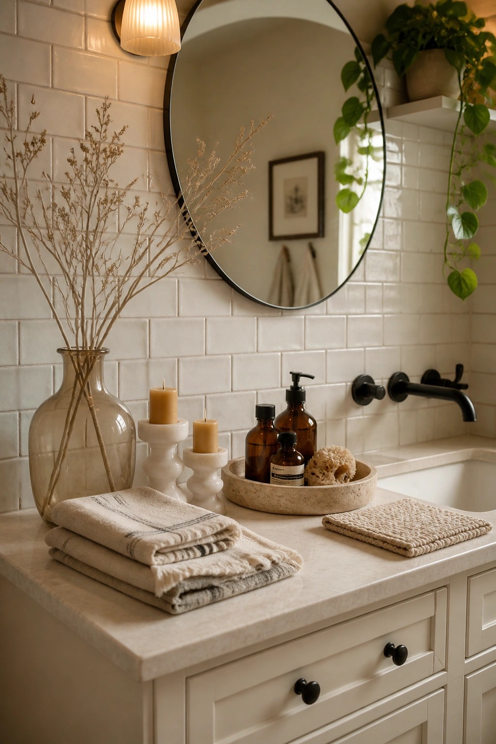 A bathroom vanity with a marble countertop, folded neutral towels, candles in white holders, a stone tray holding amber bottles and a sponge, and dried branches in a glass vase.