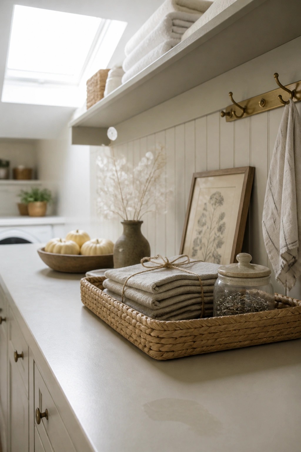 A light-colored countertop features a rectangular woven tray holding folded beige linens tied with twine, next to a glass jar and a wooden bowl of small white pumpkins.