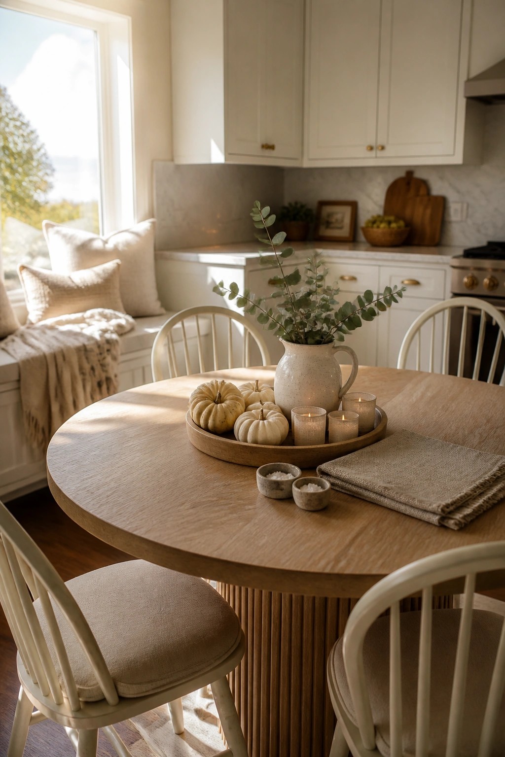A round wooden table in a light kitchen holds a wooden tray with small white pumpkins, lit candles, a speckled vase of greenery, and two small bowls beside folded linen napkins.