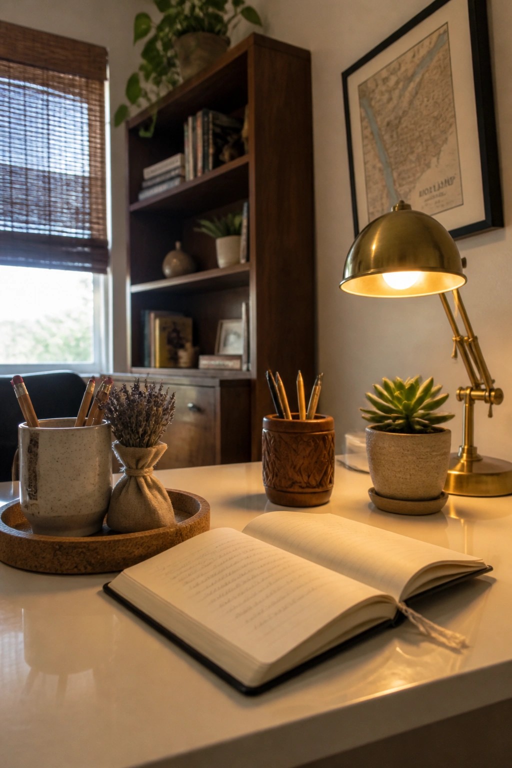 A white desk holds an open notebook in front of a cork tray containing two ceramic pots, a bundle of dried lavender, and pencils, with a brass lamp and potted succulent nearby.