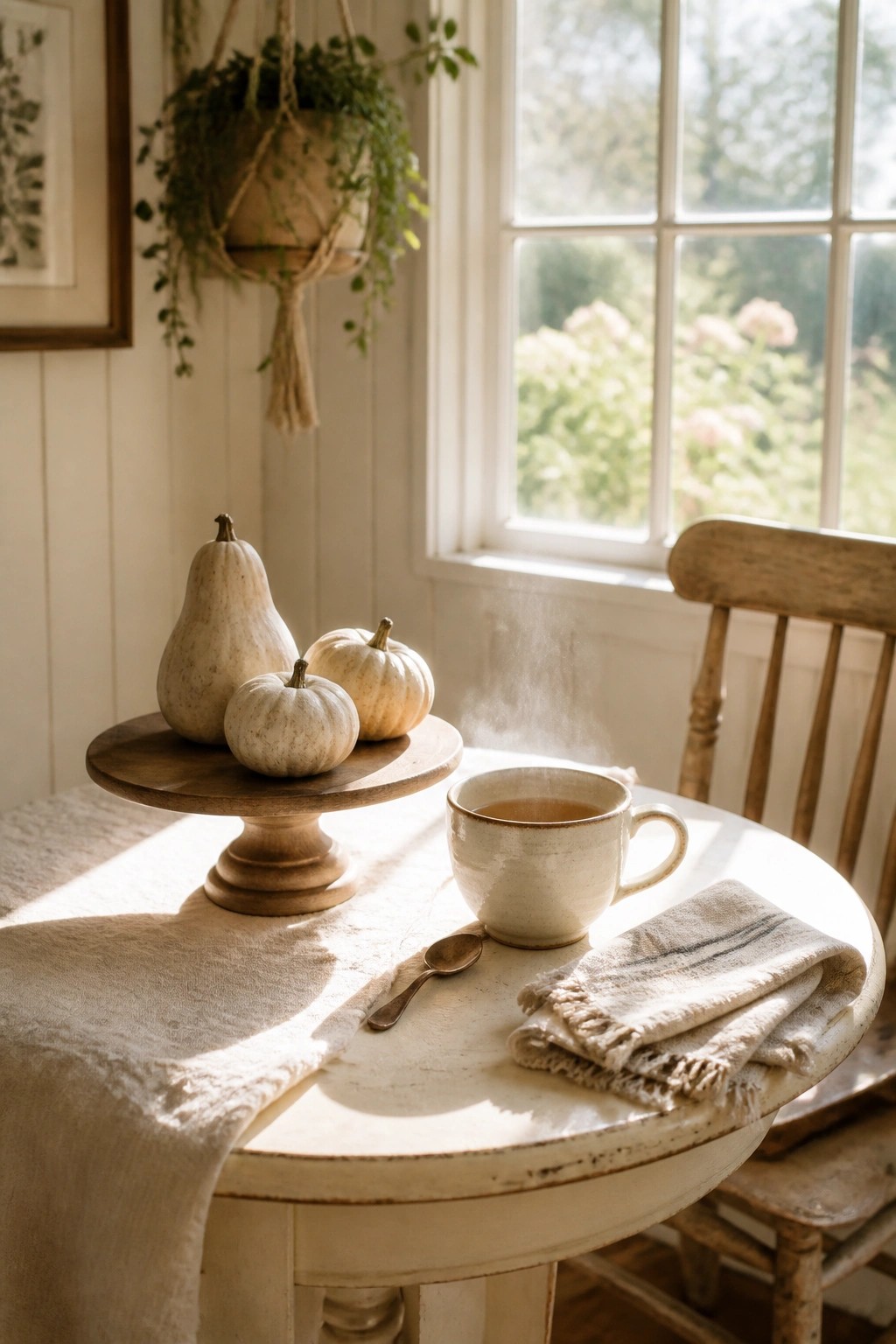 A round white table with a wooden pedestal holding three white pumpkins, a ceramic mug, a spoon, and a folded linen napkin beside a window.