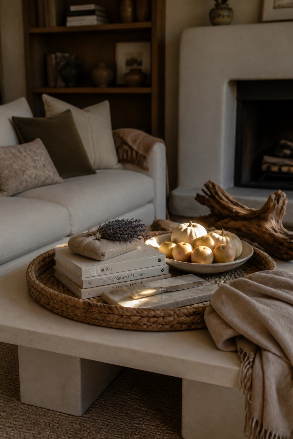 A coffee table in a neutral living room holds a large woven tray with stacked books, a bowl of apples and small pumpkins, and a wrapped item with dried lavender, beside a white sofa and stone fireplace.