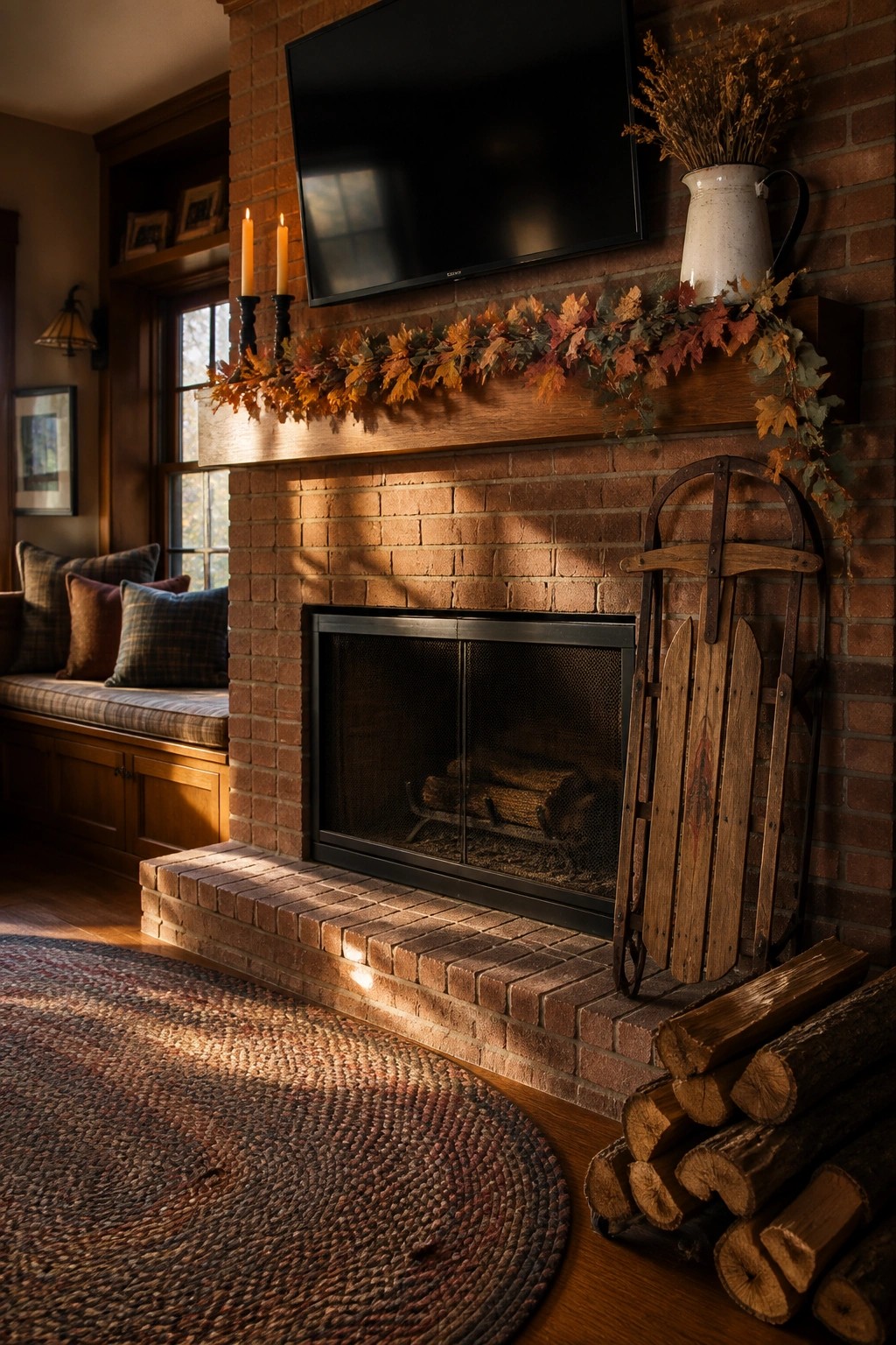 A brick fireplace with a television above the mantel and a garland of autumn leaves draped across the wood.