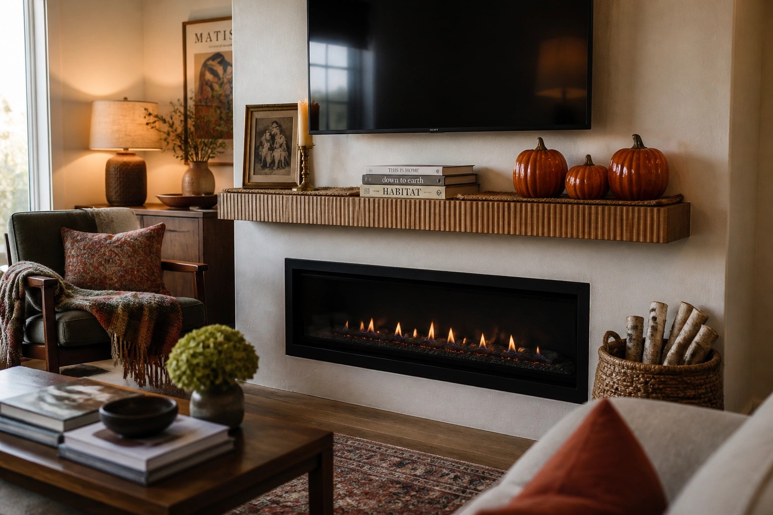 Cozy living room with lit fireplace, wooden mantel holding pumpkins, books, and TV above.