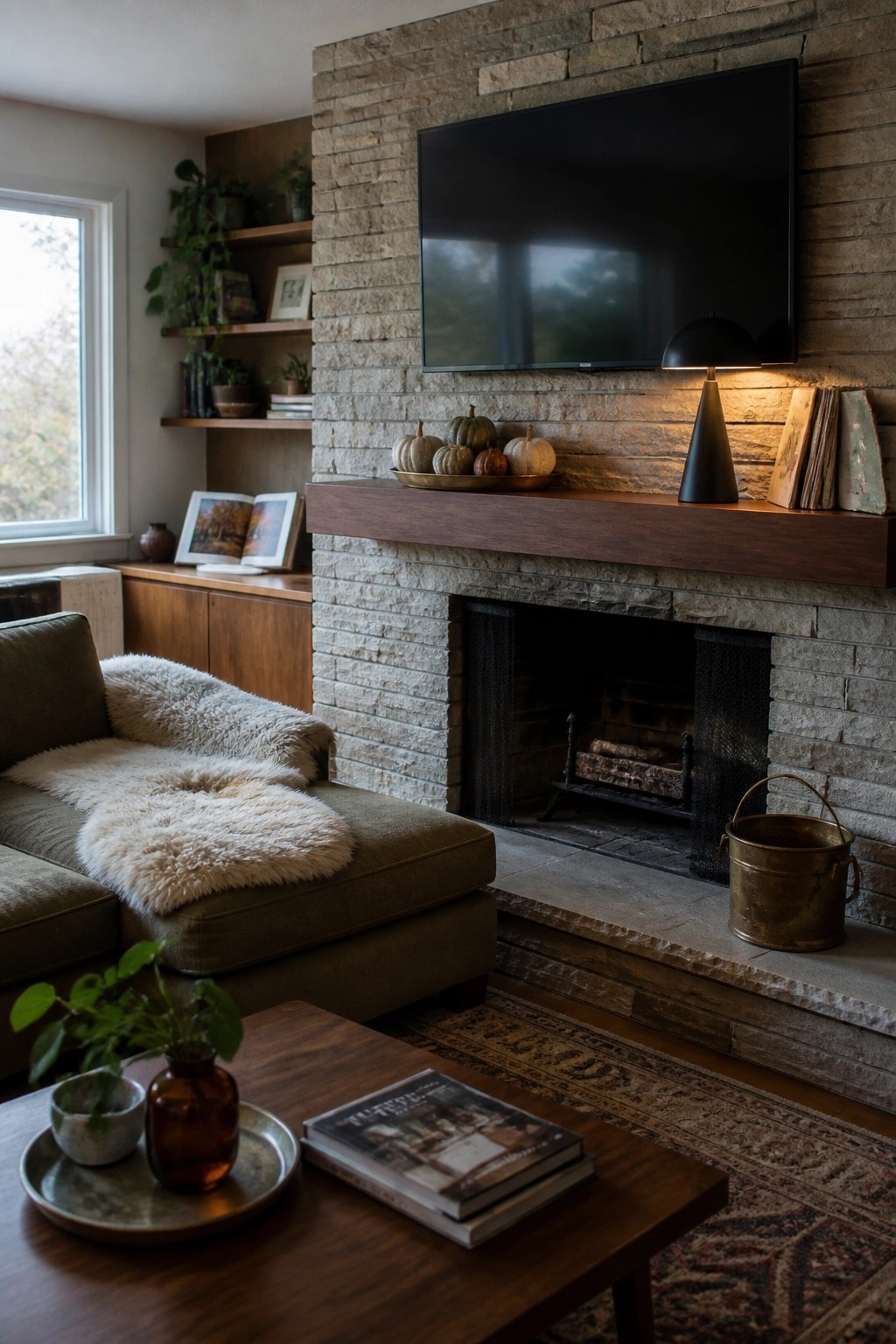 A living room features a stone fireplace with a dark wooden mantel shelf holding small pumpkins on a tray, a black lamp, and stacked books, with a television mounted above.