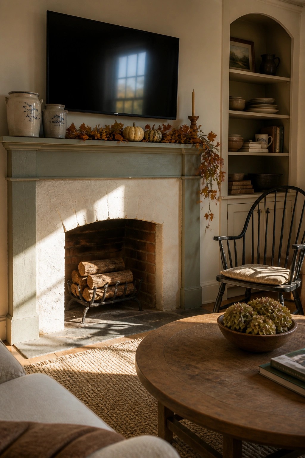 Cozy living room with blue-trimmed fireplace, mounted TV, autumn garland, and wooden furniture