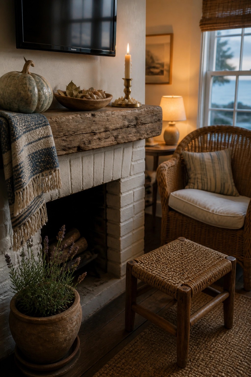 Rustic fireplace with pumpkin, candle, lavender plant, wicker armchair, and wooden stool