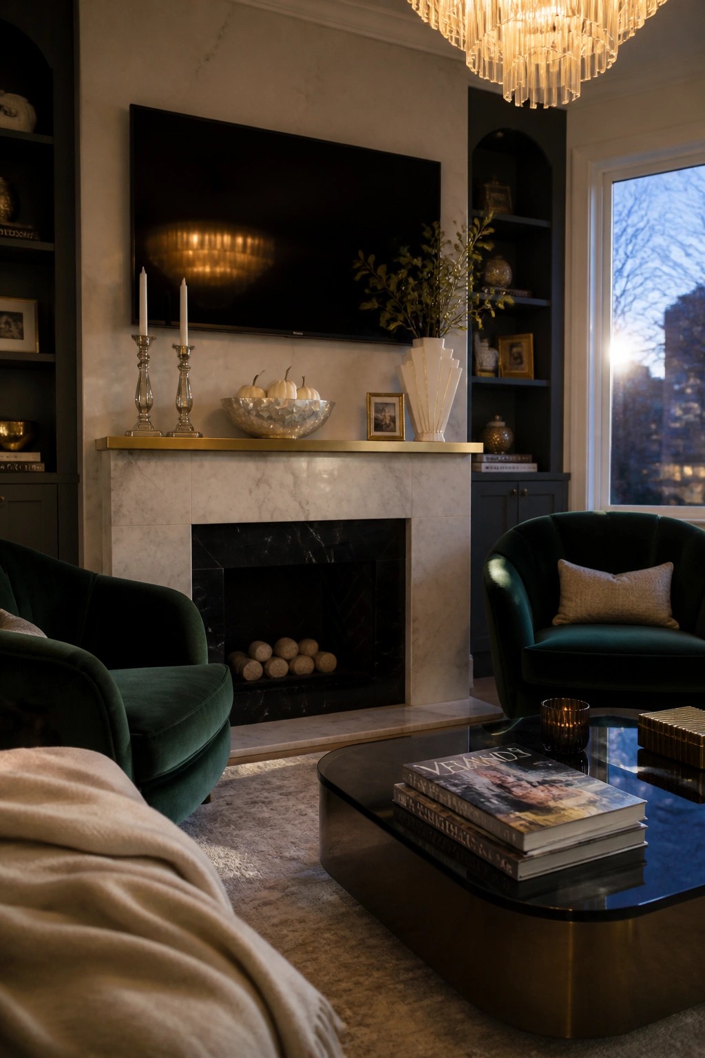 A living room fireplace with a marble mantel holding candles, a bowl of small pumpkins, and a white vase with branches, beneath a wall-mounted television.