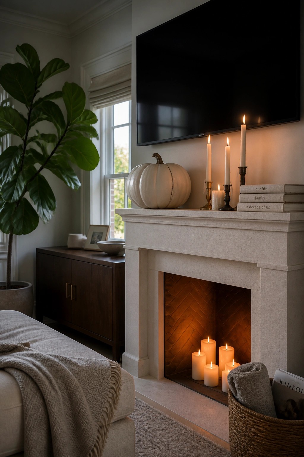 A stone fireplace mantel under a wall-mounted television holds several white candles in brass holders, a large white pumpkin, and a stack of books.