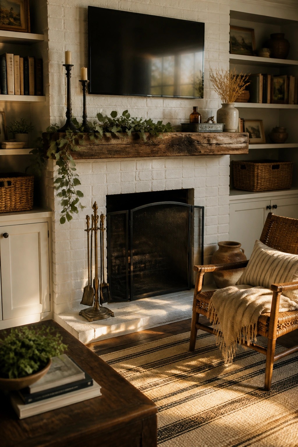 A white brick fireplace with a rustic wooden mantel topped with green garland, black candlesticks, and a flat screen television mounted above.