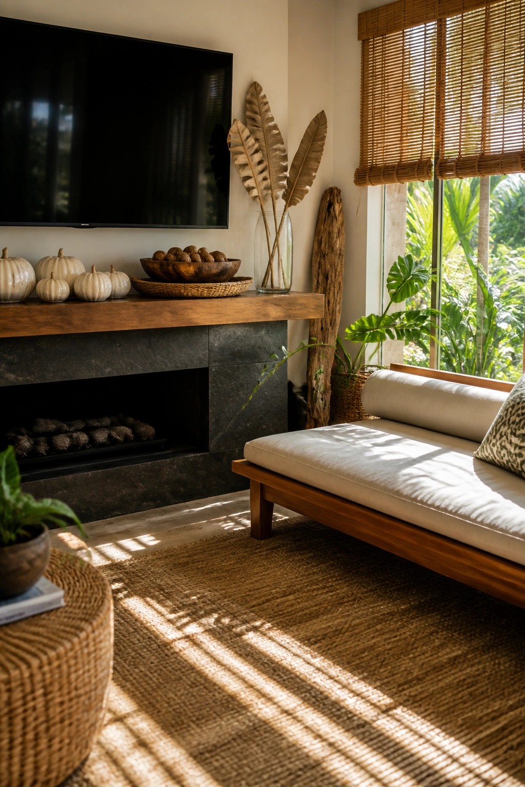 Sunlit living room with stone fireplace, wooden daybed, jute rug, and tropical view