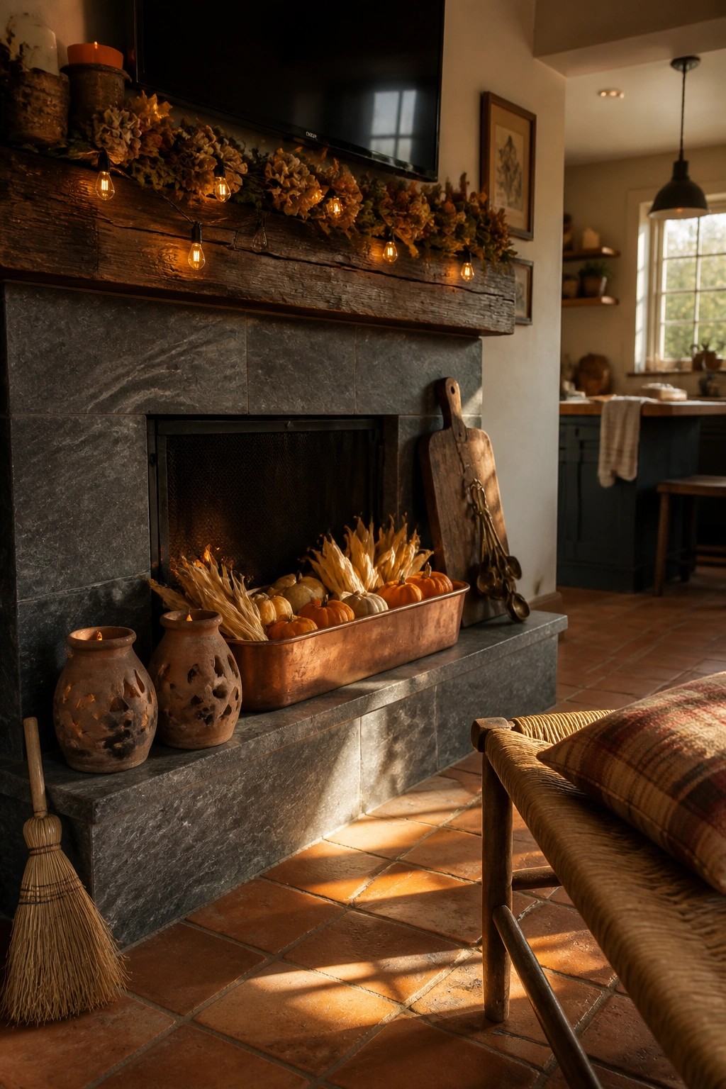 A stone fireplace with a television above the mantel, a copper bin filled with small pumpkins and dried corn on the hearth, and rustic pottery and a broom nearby.
