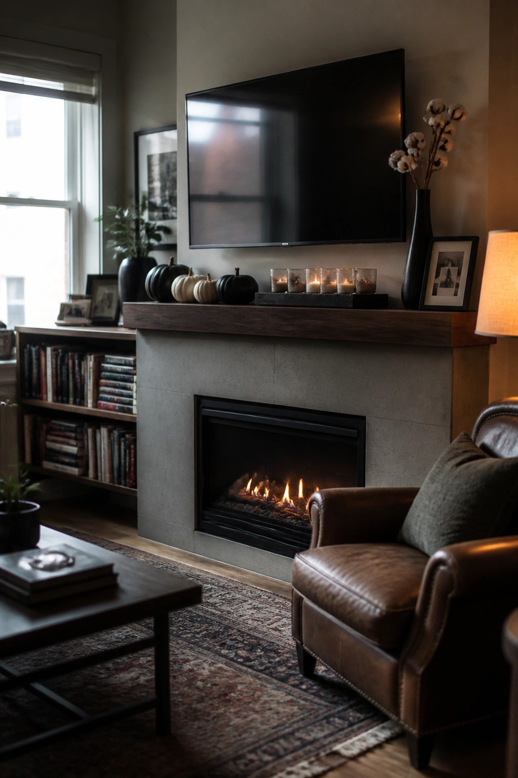 Cozy living room with lit fireplace, mounted TV, leather armchair, and autumn mantel decor.