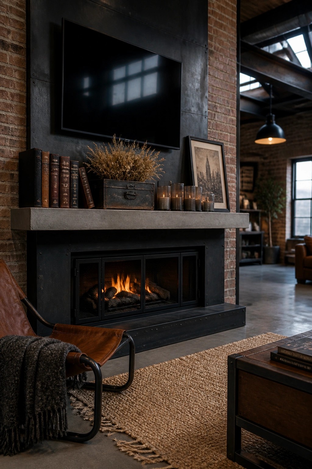 A fireplace with a concrete mantel displaying stacked books, dried foliage, candles, and a framed picture beneath a wall-mounted television.