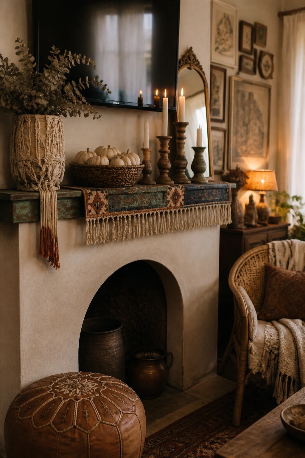 A fireplace mantel with a fringed patterned runner, several candles, and a basket of small pumpkins beneath a wall-mounted television.