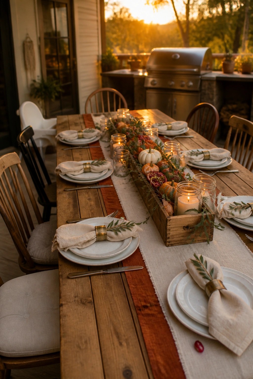 A long wooden outdoor dining table with a wooden box centerpiece holding small pumpkins, gourds, and lit candles, set with plates, napkins, and silverware at sunset.