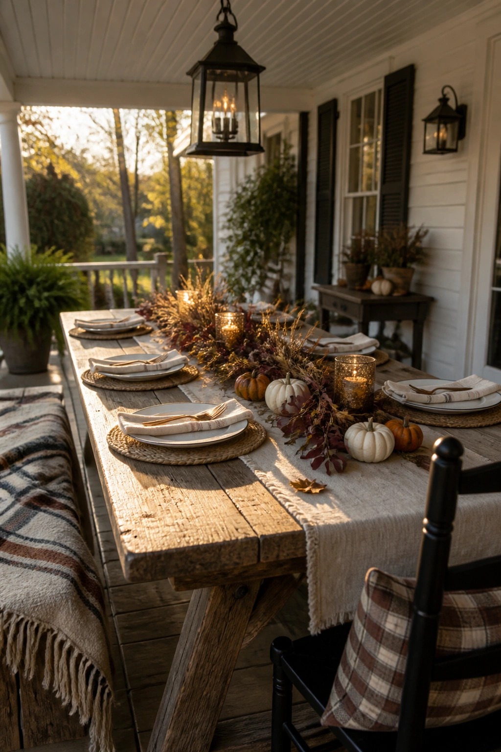 Rustic porch table set with pumpkins, candles, autumn leaves, and plaid cushions