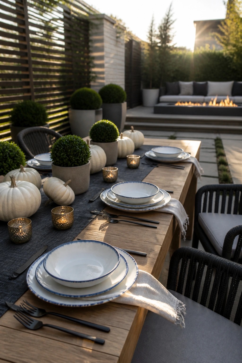 Outdoor patio table set with white pumpkins, blue-rimmed dishes, and glowing candles at sunset