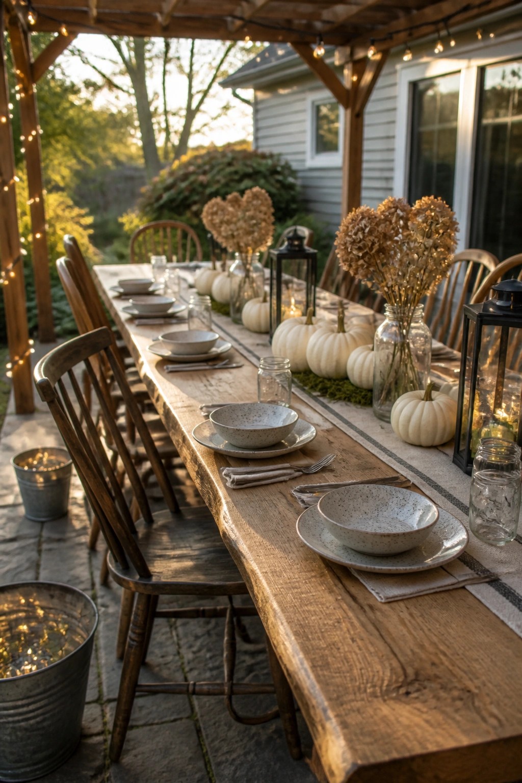 Rustic wooden table decorated with white pumpkins, dried flowers, and lanterns under string lights.