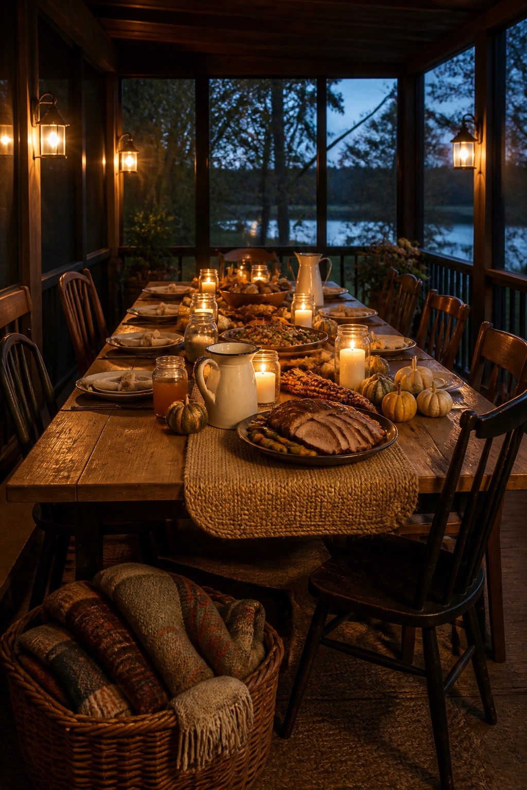 A long wooden dining table with a burlap runner, lit candles in glass jars, plates of food, and small pumpkins arranged on a screened porch overlooking water at dusk.