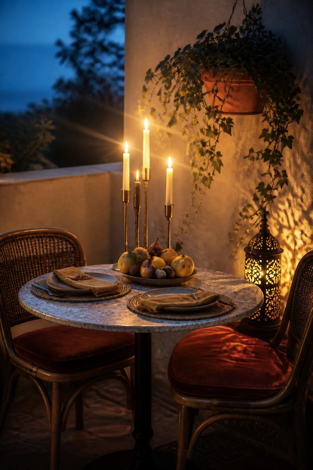 A round marble table set for two outdoors at dusk with candles, a bowl of fruit, woven placemats, and a lit lantern beside hanging ivy.