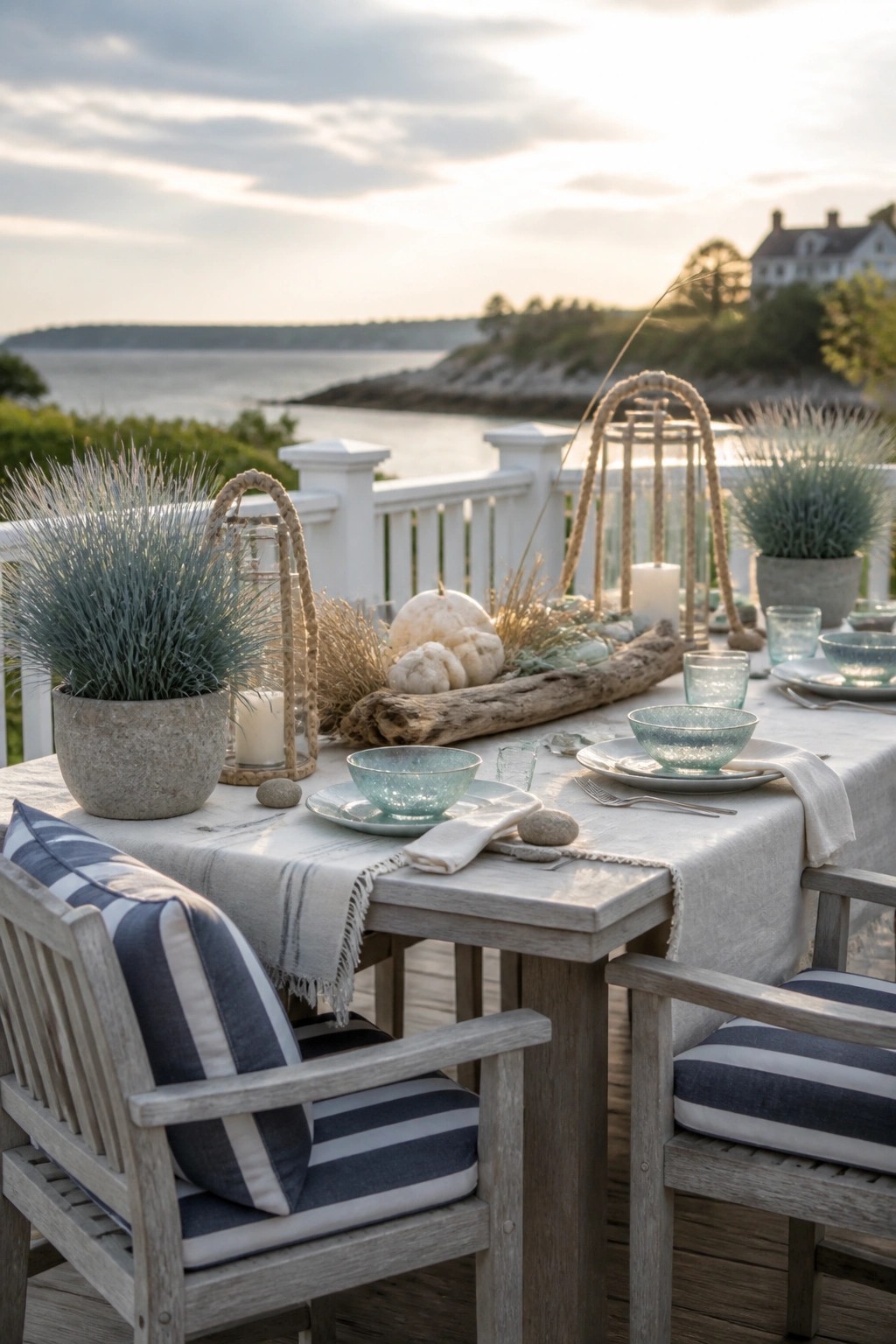 An outdoor wooden dining table on a deck is set with blue and white dishes, a driftwood centerpiece holding white pumpkins, potted ornamental grasses, and rope-wrapped lanterns overlooking a body of water at sunset.