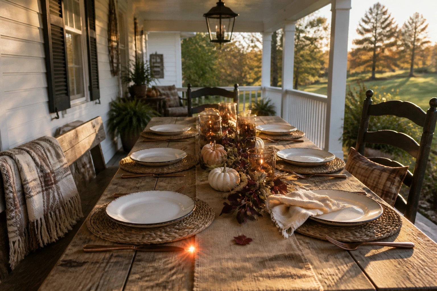 Rustic porch table set with pumpkins, candles, autumn leaves, and plaid cushions