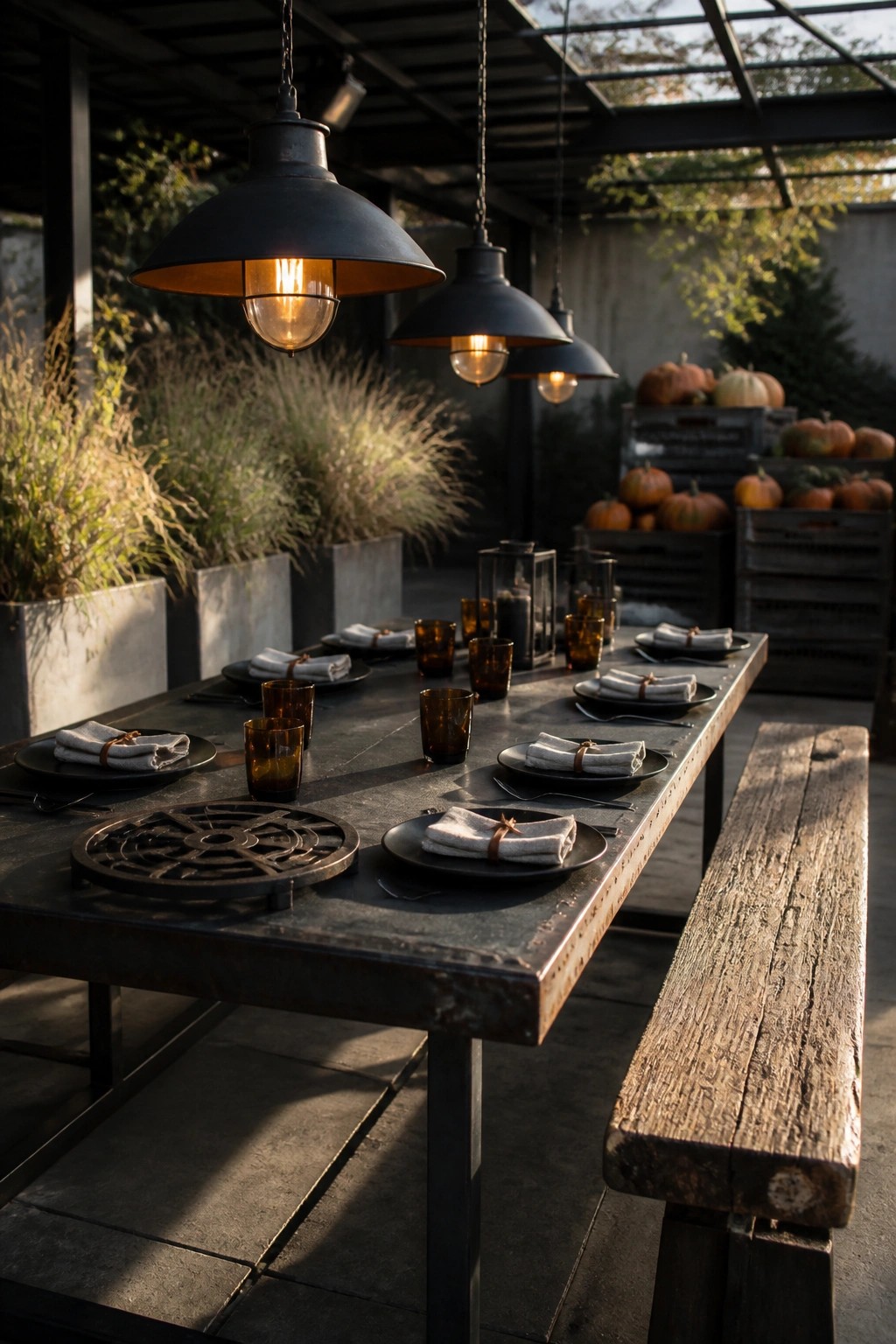 A long metal table set for dinner under several hanging black pendant lights on a covered outdoor patio with pumpkins visible in the background.