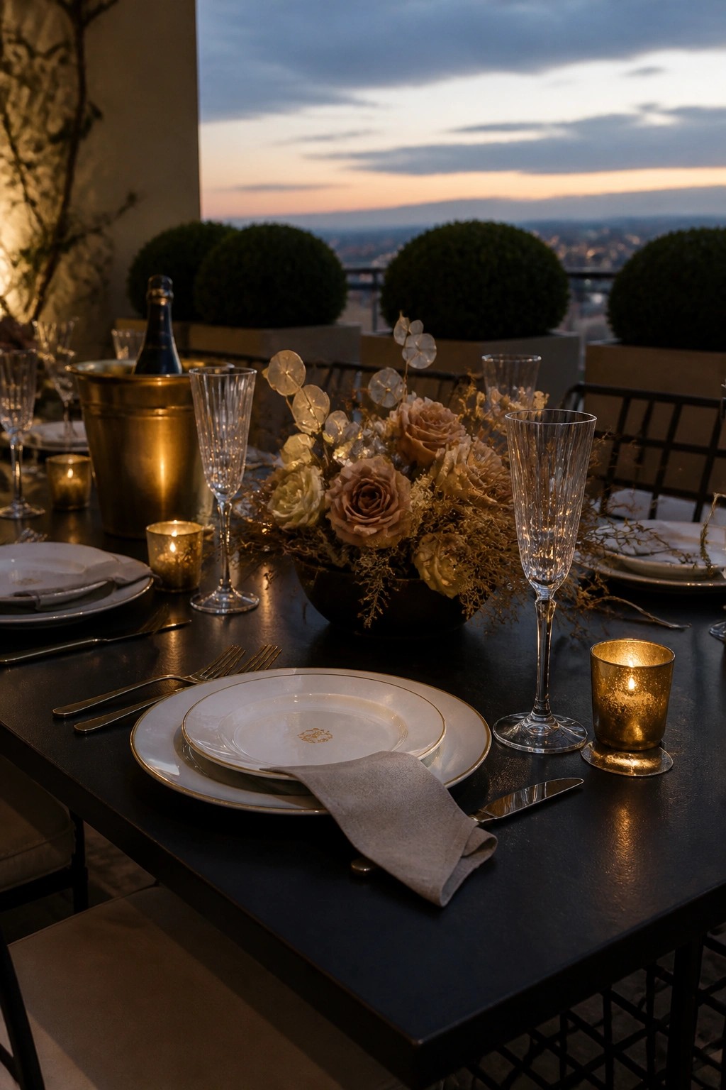 An outdoor dining table on a balcony at dusk set with white plates, a low floral centerpiece in a dark bowl, wine glasses, and lit candles.