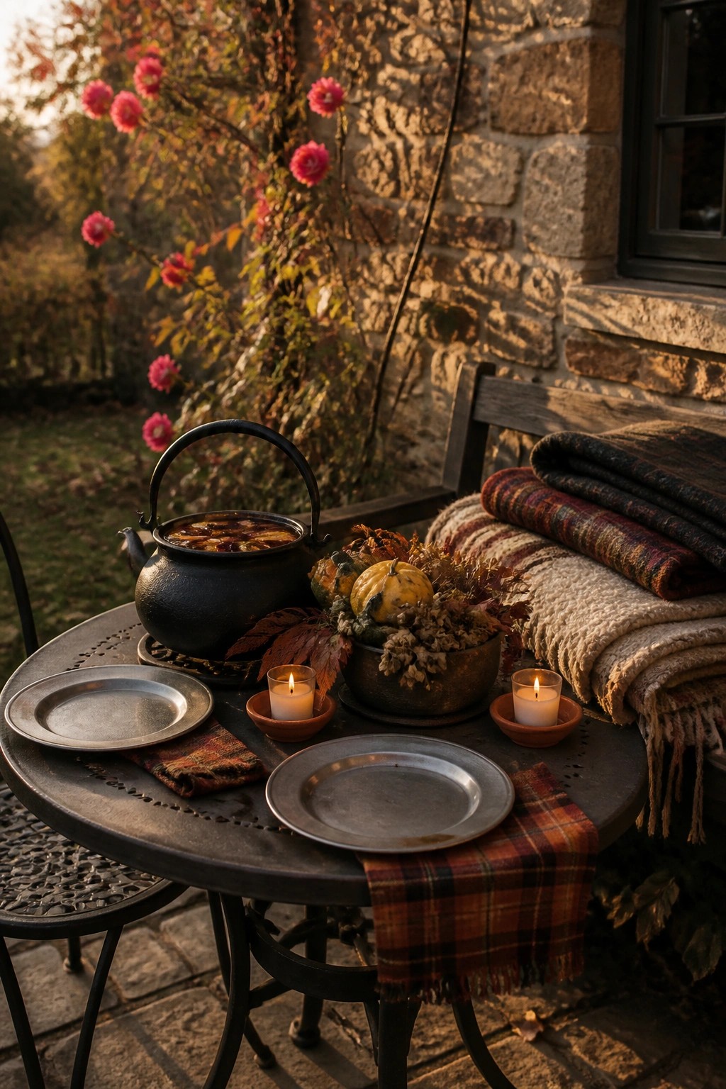 A round metal patio table set with pewter plates, a black cast iron teapot, two lit candles, a plaid table runner, and a bowl of small pumpkins and autumn leaves, with folded blankets on a nearby bench against a stone wall.